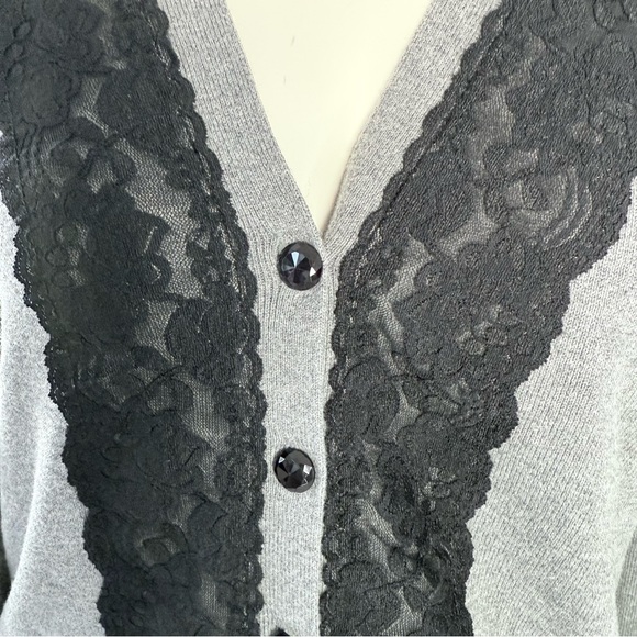 Ann Taylor LOFT Gray Lace Cardigan Knot Medium Button Romantic Feminine Office - Picture 3 of 11